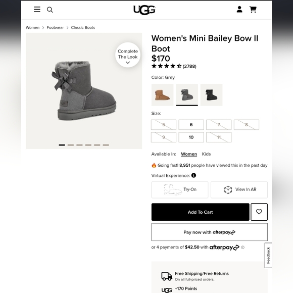 UGG Womens Mini Bailey Bow II Boot Size 9 in Grey Fair Condition - Picture 2 of 11